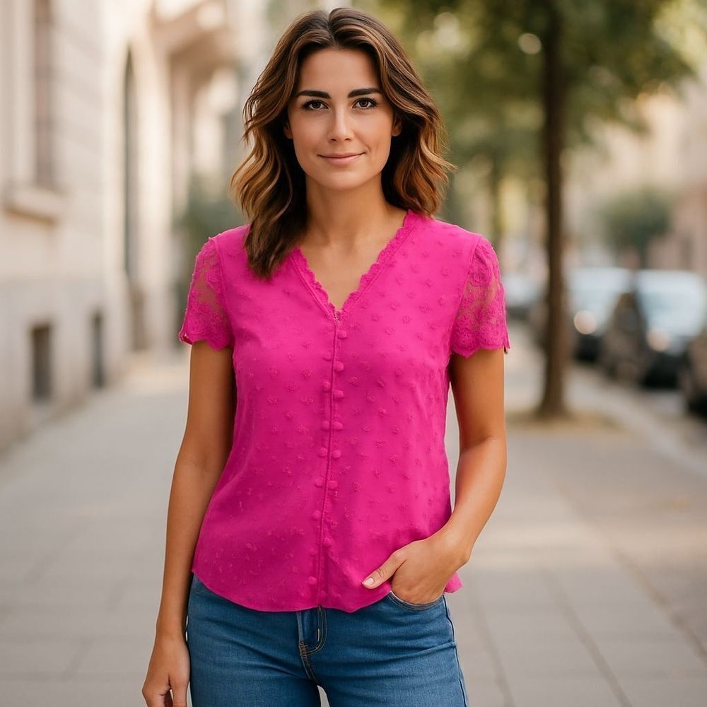 Women's Hot Pink Swiss Dot Lace V-Neck Short Sleeve Blouse Tops Size Large